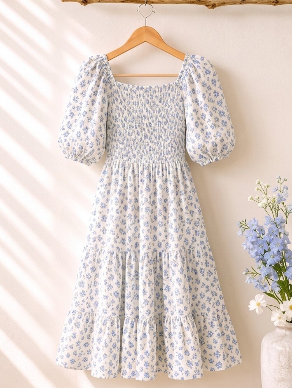 Blue Floral Smocked Midi Dress | Cottagecore Romantic Feminine Size: L